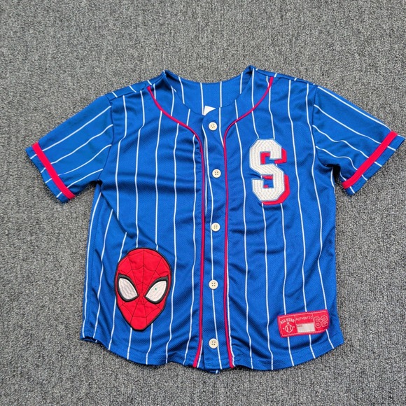 Marvel Other - Marvel Spiderman Baseball Jersey Size 7 Blue Pinstripe Button Down Sporty Shirt